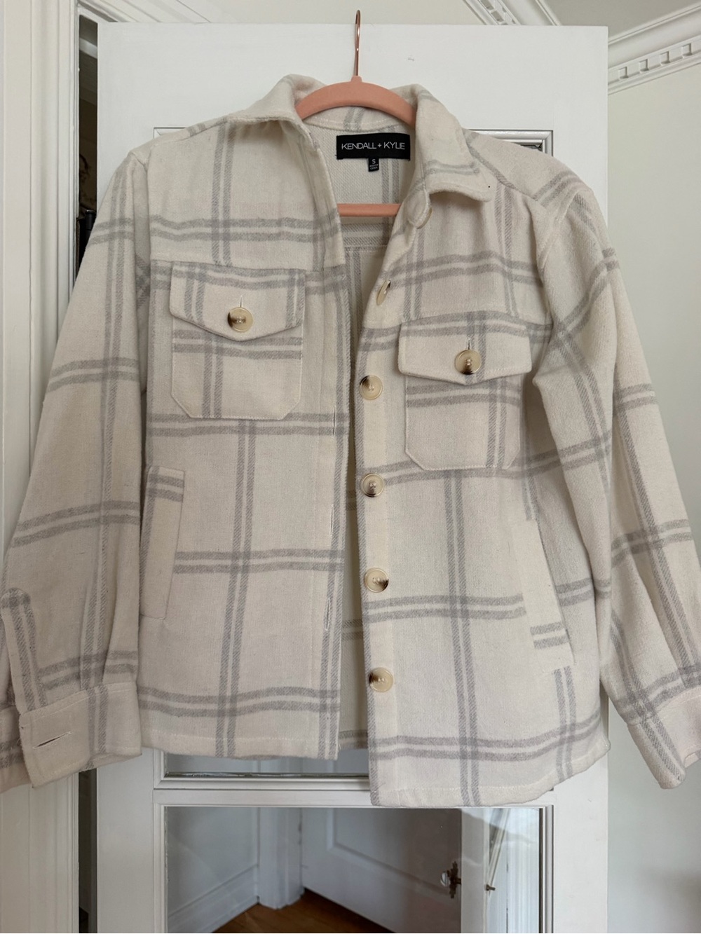 Kendall & Kylie Cream Plaid Utility Shacket Jacket